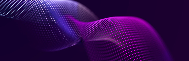 Sticker - Particle stream. Purple background with many glowing particles. Information technology background. 3d rendering.