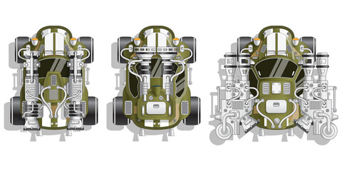 Set of combat futuristic vehicles. View from above. Vector illustration.