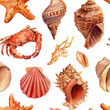 © Hanna - Watercolor Seamless pattern with starfish, crab, shells. Nautical background for wallpaper.