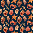 © Hanna - Seamless pattern with starfish, crab, shells. Dark blue background for wallpaper. Watercolor illustration