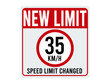 New limit 35km/h. Speed limit changed. Sign for traffic speed in red.