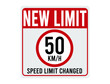 New limit 50km/h. Speed limit changed. Sign for traffic speed in red.