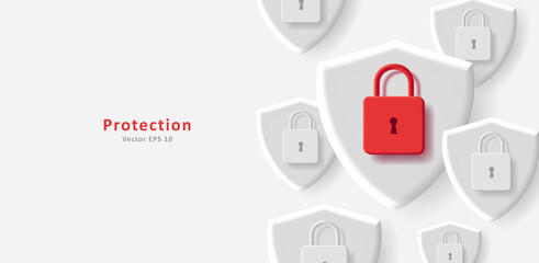 Web background with red padlock and 3d white shields, digital protection illustration. Vector illustration
