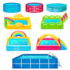 Set of inflatable swimming pools with blue water for kid, child vacation. Orange slice and colorful slide pool side. Rainbow, tubes, arch, decoration. Isolated on white background vector illustration