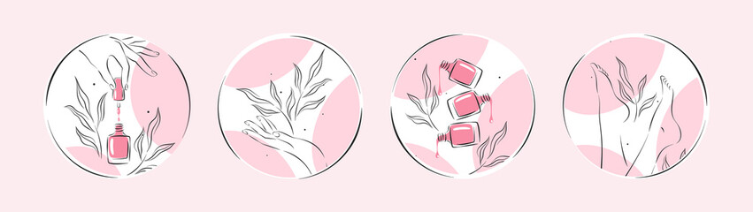 Wall Mural - Set of icons for nail studio. Nail polish, nail brush, manicured female hands and legs. Vector illustrations