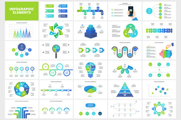 Poster - Set of infographic presentation slides. Puzzles, timeline, arrows, flowchart and circle diagrams. Vector illustration for business data visualization.