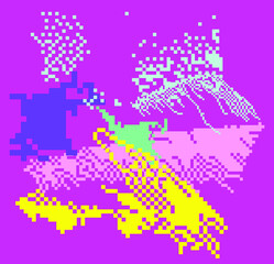 Aufkleber - Trendy vaporwave background with pixel art chaotic composition. Concept of a glitchy computer screen.