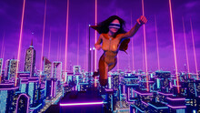 Super Woman Avatar Travelling On Metaverse City, 3d Render