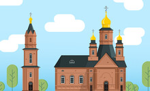 Church And Bell Tower Color Flat Illustration Against The Background Of The Sky And Trees.
