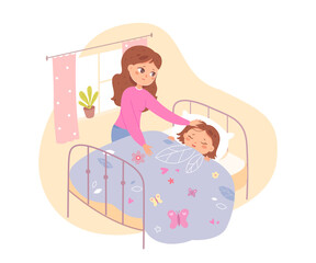 Sick child and care of mom, kid lying in bed at home, girl suffering from flu or cold