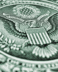 Wall Mural - 1 us dollar. fragment of banknote. reverse of bill with the great seal. the bald eagle is the nation