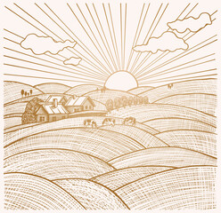 Rural landscape with a farm - Hand drawn - Out line