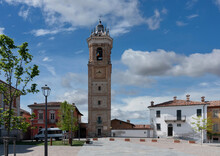 La Morra, Langhe, Piedmont, Italy: Castle Square With The Bell Tower Or Civic Tower (18th Century) With Clock, Blue Sky With Clouds