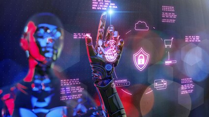 Cybersecurity cybercrime internet scam, crypto currency investment digital network technology computer virus attack risk protection, identity encryption privacy data hacking, abstract AI 3D robot
