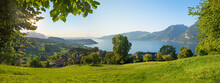 View From Lookout Point Buel To Lake Thunersee, Beautiful Krattigen Tourist Destination, Switzerland