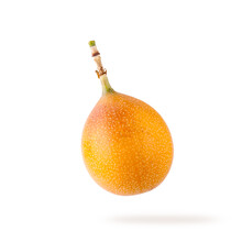 Single Exotic Whole Orange Yellow Granadilla Fruit Flying Isolated On White