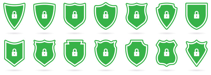 Antivirus Protect. Shield Green Icon Set. Guard Defense Emblem Collection Icon. Police Badge Shape. Sign of Safety, Defence, Safe Pictogram. Isolated Vector Illustration