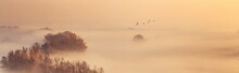Autumn Landscape - A Flock Of Swans Flies In The Morning Fog Over The River Valley, Panorama, Banner