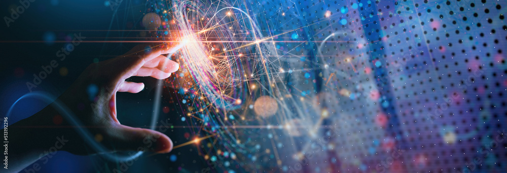 Woman hand touching The metaverse universe data science,Digital ...