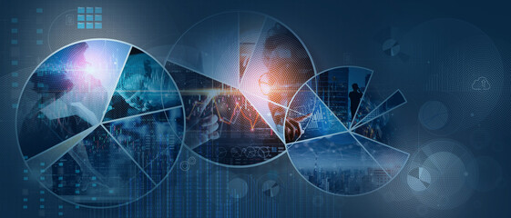 Leinwandbilder - Business and economics growth global business network,Customer service,Technology and data connection,Teamwork,Data analysis financial Business strategy and Digital marketing in circle pie chart.