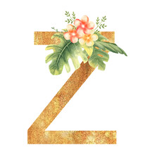 Golden Letter Z Of The English Alphabet With A Watercolor Bouquet Of Tropical Leaves And Flowers. Hand-drawn Vector Illustration
