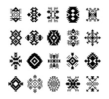 Aztec Ethnic Geometric Motifs. Native American Logo Elements. Peru And African Black Tribal Ornaments Set. Ancient Mexican And Indian Traditional Shapes. Vector Patterns Collection