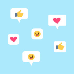 Poster - People using phone. Web messenger speech bubbles with emotions. Chatting online. Approved hands signs. Love hearts icons. Happy smile face. Dialog emotions. Like comments. Vector illustration