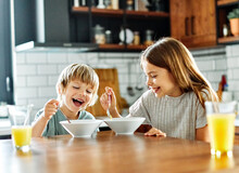 Child Girl Boy Eating Kid Brother Sister Food Breakfast Kitchen Together Morning Childhood Dessert Sweet Oatmeal Meal Cereals Love Family Together Fun Happy