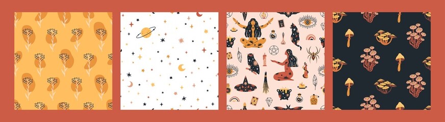 Wall Mural - Set of magical themed seamless patterns. Witchcraft backgrounds collection vector illustrations.
