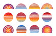 © WinWin - Retro sun circles. Vintage striped sunset and retro sunrise gradient lines with grunge texture vector set