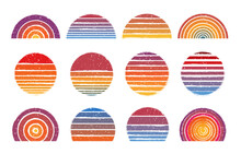 Retro Sun Circles. Vintage Striped Sunset And Retro Sunrise Gradient Lines With Grunge Texture Vector Set