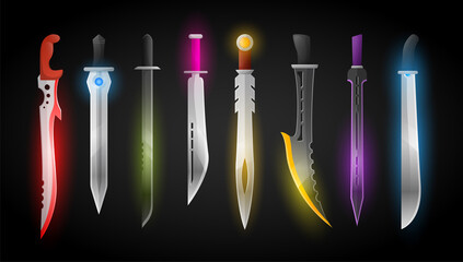 Wall Mural - futuristic sword. fantasy metal blade knife, scifi ninja soldier weapon and neon glowing swords vect