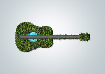 Green trees guitar shape. 3d illustration metaphor for music, travel, concert, festival, jazz, rock, lifestyle and entertainment.