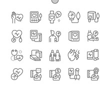 Tonometer. Blood Pressure Measurement. Elderly People. Heart Attack. Health Care, Medical And Medicine. Pixel Perfect Vector Thin Line Icons. Simple Minimal Pictogram