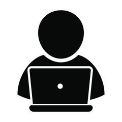 User working with computer vector icon, person with laptop icon.