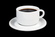 Weiße Kaffeetasse mit Untertasse freigestellt / isoliert vor schwarzem Hintergrund
