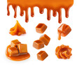 canvas print picture - Set of caramel cubes, caramel drops and caramel sauce. Dripping caramel drops of sweet sauce isolated on white background