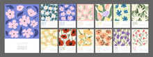 Floral Calendar Template For 2023. Vertical Design With Bright Colorful Flowers And Leaves. Editable Illustration Page Template A4, A3, Set Of 12 Months With Cover. Vector Mesh. Week Starts On Sunday.