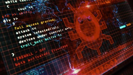 Cyberattack message on computer screen. Cyber attack, security breach and russian hacker abstract concept 3d animation with glitch effect.