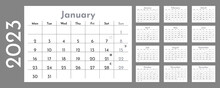2023 Calendar Template With Moon Phases. Week Starts On Monday. Wall Calender In A Minimalist Style. Monthly Cycle Planner. Horizontal Grid. Agenda Organizer. Vector Illustration