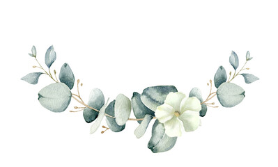 Wall Mural - Eucalyptus and jasmine flower wreath. Floral frame. Watercolor illustration isolated on white. Greenery clipart for wedding invitation, greeting cards, decoration, stationery design. 