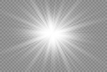 White Glowing Light Explodes On A Transparent Background. With Ray. Transparent Shining Sun, Bright Flash.	
