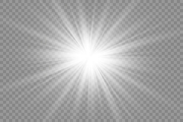 White glowing light explodes on a transparent background. with ray. Transparent shining sun, bright flash.	
