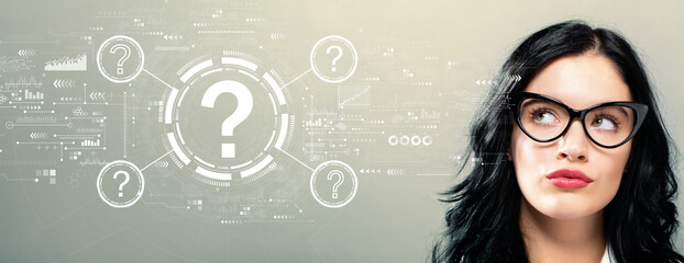 Poster - Question marks with young businesswoman in a thoughtful face