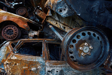 Wall Mural - Charred remains of vehicles after military attack in Irpin