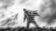 Lone Man In Developing Rags Walks. Dark Silhouette Scary Illustration. Despair In Fog Apocalypse. Hazy Landscape Inspiring Melancholy. Horror Fantasy Genre. Coal Noise Effect. Black White Background.
