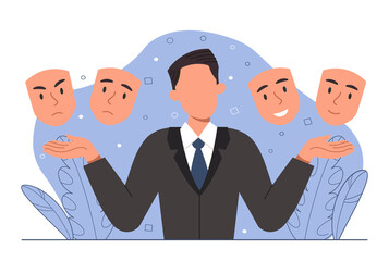 Wall Mural - Man choosing mood. Guy hides emotions, businessman or entrepreneur with different masks, various expressions. Mental health and psychology, pretense and lies. Cartoon flat vector illustration