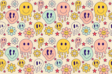Naive Crasy Positive Dripping Smiling Wallpaper, Groovy Trippy Seamless Pattern With Funny Daisy. Vector Background In Trendy Retro Hippie 60s, 70s Style. Rainbow Colors.