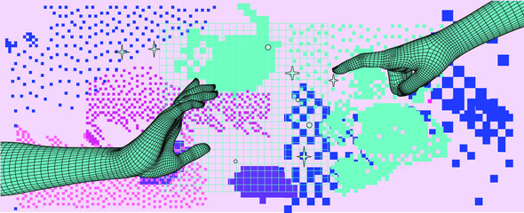 Aufkleber - Trendy vaporwave background with pixel art chaotic composition. Concept of a glitchy computer screen.