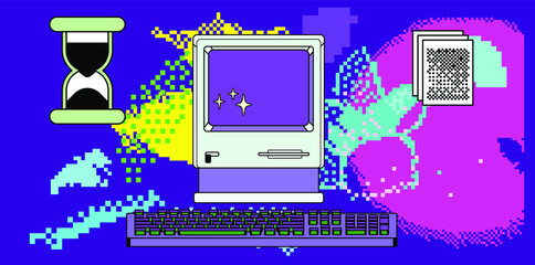 Collage art with an old retro computer and glitched pixelated shapes. Webkitsch and webpunk style vector illustration.
